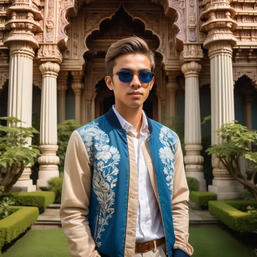 Prompt: Bathed in soft light, a young man stands confidently in a lush garden, his expression relaxed as he poses in front of an ornate temple. Clad in a beige and blue jacket over a white shirt, he wears sunglasses that reflect the serene atmosphere around him. Behind him, the temple features distinctive spires and intricate architectural details, surrounded by greenery and blooming flowers in vibrant colors, hinting at a sunny day despite a hazy sky. The scene captures a tranquil yet captivating moment, where nature and spirituality intersect, evoking a sense of peace and reflection.