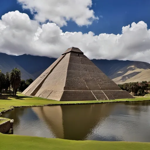 Prompt: pIRAMIDE INCA CERCA A UNA LAGUNA
