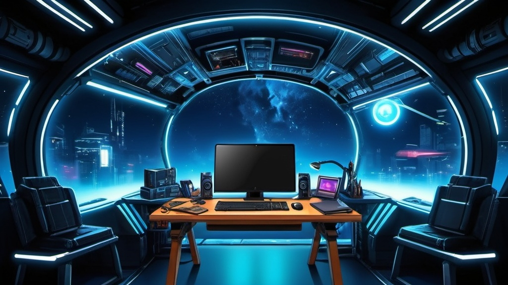 Prompt: Anime cyberpunk style, he desk in the image with all its items, on a spaceship, highly detailed, HD, dark background