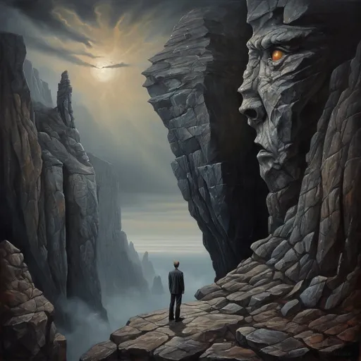 Prompt: A man standing on a massive rocky cliff, surreal creatures lurking below, oil painting, detailed rock formation, mysterious atmosphere, high quality, surrealism, dark tones, dramatic lighting, detailed facial features, surreal creatures, wilderness, oil painting, dramatic shadows, rugged terrain, larger than life, eerie, highres, surreal, detailed