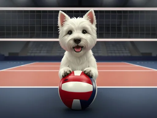 Prompt: west highland terrier on a indoor volleyball court that is navy white red and has volleyball under his paws
