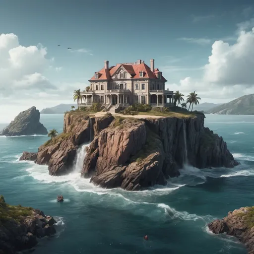 Prompt: 10 people in a mansion and stranded on a island surrounded by the ocean and rockyish

