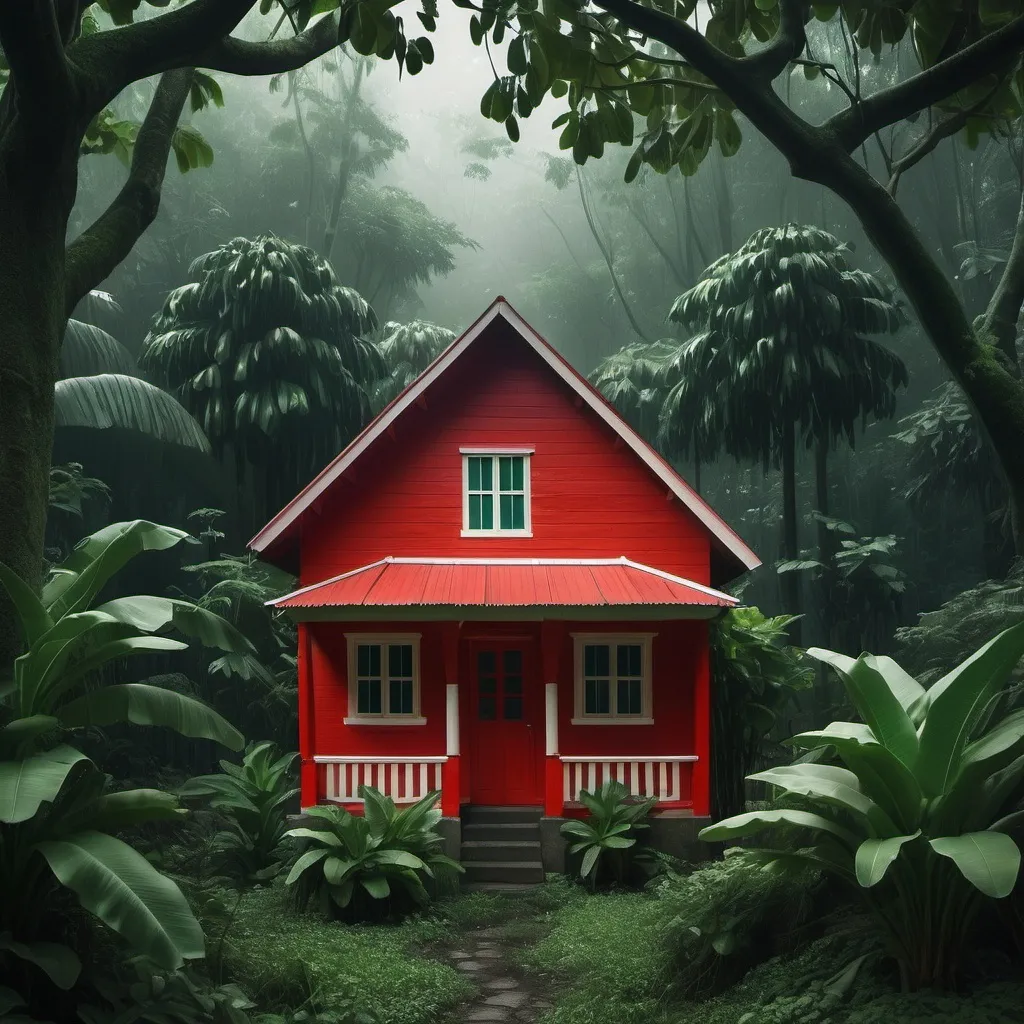 Prompt: small red  house in dark green forest
bannana tree also add