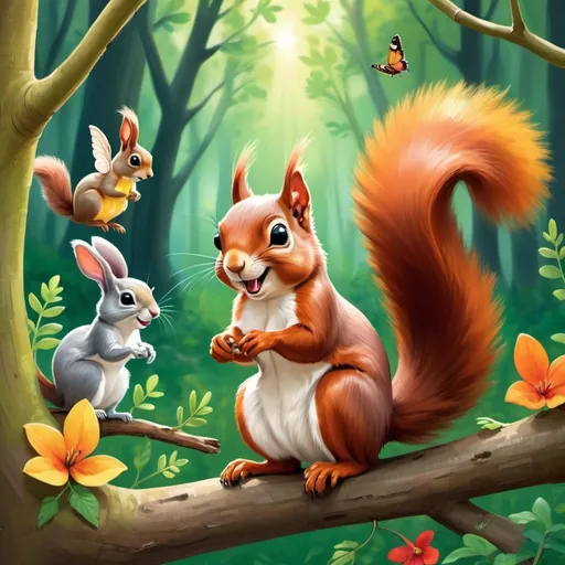 Prompt: Here is the prompt translated into English:

"A charming and colorful illustration of a small, smiling squirrel looking around her new, vibrant forest environment. She is surrounded by new friends: a colorful bird perched on a branch beside her, a bee with shimmering wings flying nearby, and a curious rabbit exploring the surroundings. The setting is rich with green vegetation and tall branches, conveying a sense of a warm and welcoming community. The image depicts the squirrel's connection and belonging to her new home."
