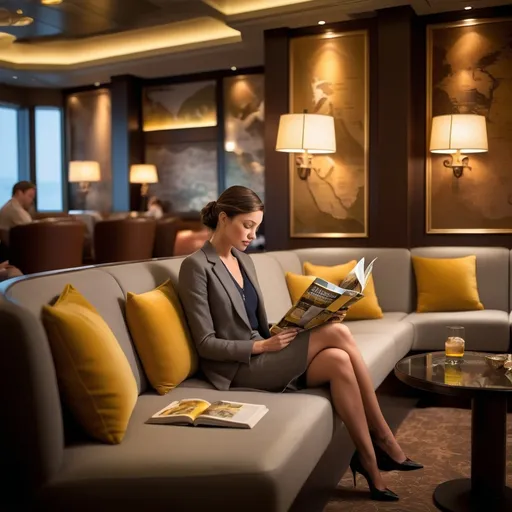 Prompt: A woman waits in an airline cocktail lounge reading National Geographic. realistic