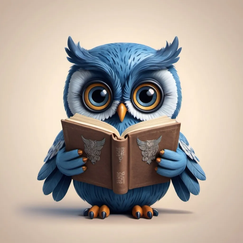 Prompt: "Create an image of a small, cute blue owl with hands (instead of wings) holding a book written in Hebrew. The owl should be focused on reading the book, with the text clearly visible in Hebrew on the pages."
