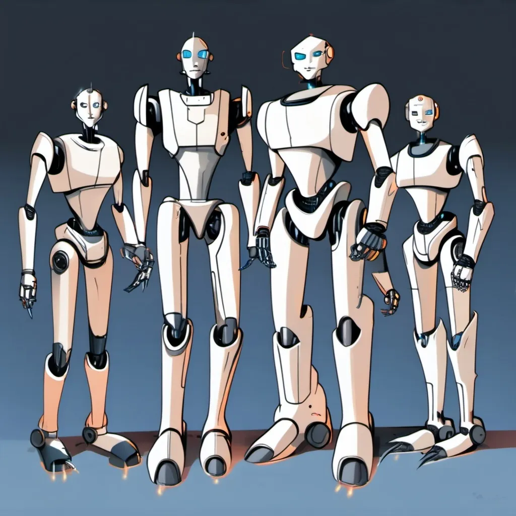 Prompt: Four futuristic robots standing side by side, each raising one hand and holding a blank sign, illustrated in a comic book style. The robots should have sleek, advanced designs with metallic bodies, glowing lights, and intricate details. The environment is a high-tech, modern space with a minimalist aesthetic. Each robot has a unique design: one with a humanoid appearance, another with a mor
