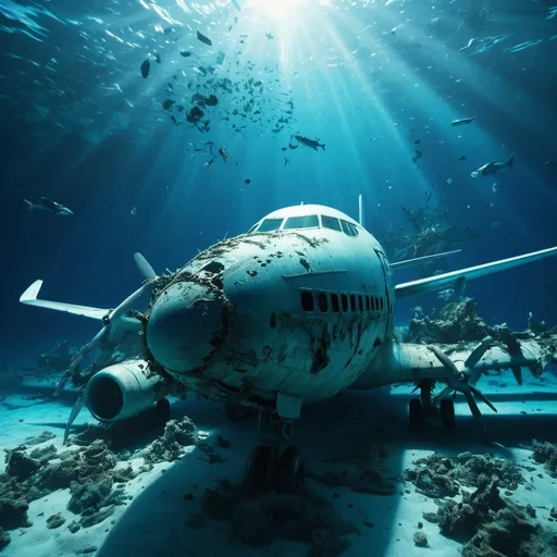 Prompt: (drowning airplane in deep sea), surreal and dramatic, vibrant blue and turquoise tones, eerie atmosphere, deep sea creatures swimming around, sunlight filtering from above creating light rays, intricate underwater wreckage details, mysterious and somber mood, ocean bed visible with scattered debris, photorealistic, ultra-detailed, 4K.