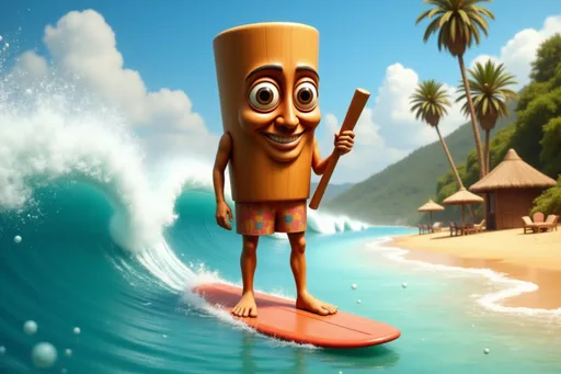 Prompt: 3D cartoon anthropomorphic baseball bat 350705bc with brown cylindrical body with large eyes, wide smile, long limbs, holding a bat positioned center-right, surfing a wave in a vibrant ocean with summer clothes. Their expression is joyful and playful, with a wide smile and hand raised in a casual gesture. They are on a surfboard, facing the viewer. The background is a tropical beach scene with a light blue ocean, white waves, and bubbles. Numerous, colorful bubbles and the wave, enhancing the playful atmosphere. Palm trees and a sandy beach are visible in the distance. The scene is bright and colorful, with a wide range of saturated blues, reds, and yellows. The lighting is bright, suggesting a sunny day. The perspective is slightly elevated, giving a view of the wave from above.