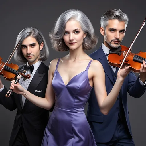 Prompt: realistic portrait of 2 beautiful women, 1 of them with long grey color hair, the other 1 with short one length hair in brown color, wearing evening gowns in purple color and 3 handsome guys, 1 of them with black grey hair, the other 2 with greyish blue color hair, all of them wearing suits & tuxedo, playing badmintons, violin, tennis, in Barcelona which full of flowers around them