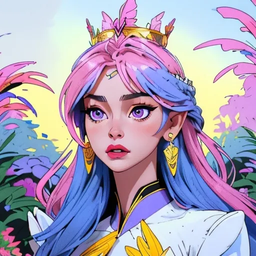 Prompt: Hyperrealistic portrait of a beautiful female godness with white & pink feather wing, wearing intricately detailed colorful clothing and golden crown & futuristic jewellery, playing herp in a garden where full of flowers in purple & blue & white colors