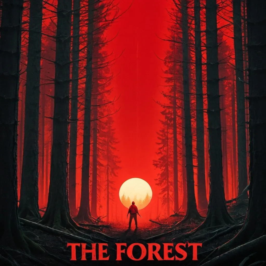 Prompt: Movie poster "The Forest" with trees on either side, a big red sun, and small guy holding a knife.