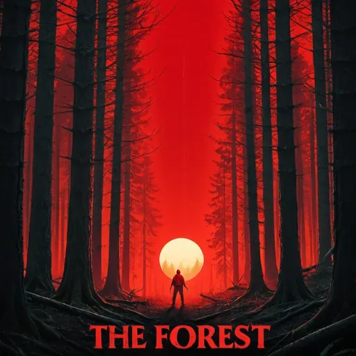 Prompt: Movie poster "The Forest" with trees on either side, a big red sun, and small guy holding a knife.