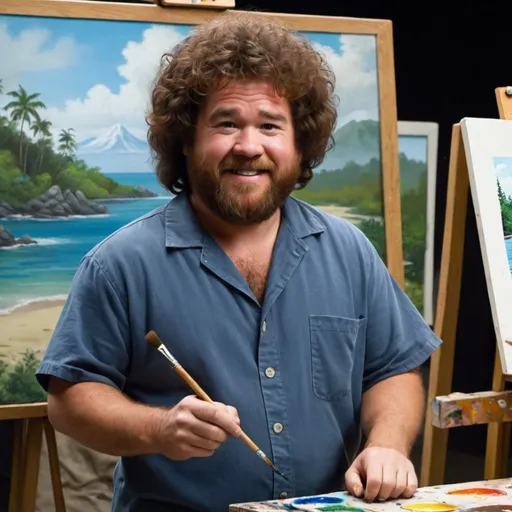 Prompt: Hurley from the TV show Lost dressed like Bob ross and painting a picture of the island