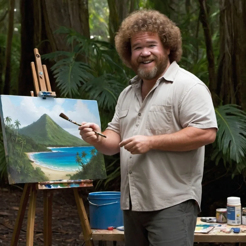 Prompt: Hurley from the TV show Lost dressed like Bob ross and painting a picture of the island