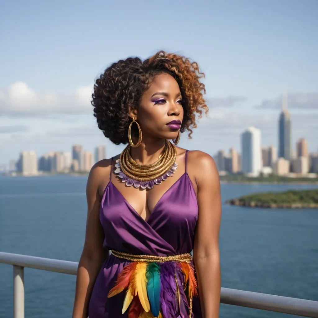 Prompt: A black woman with full lips and nose. Her hair is tightly coiled copper shoulder length curls  with a silver streak in the middle. She wears a amethyst on a gold string around her neck. With a knee length dress with multi colored feathers and gold moccasins standing on an island with Islanders standing behind her in the distance. From afar you can see the big city in the far distance away from the island