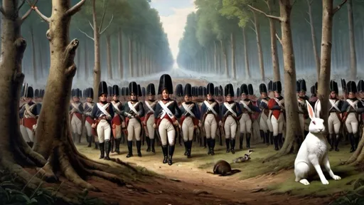 Prompt: In the middle of the forest, Napoleon and his men are getting ready for a hunt when a horde of angry rabbits is watching them, ready to attack