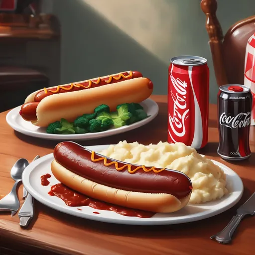 Prompt: A sizzling hotdog, a generous dollop of creamy mashed potatoes, accompanied by a refreshing cold can of Coke and a single baked succulent sausage, all beautifully arranged on a dining table，high details，32k，advertise，realistic