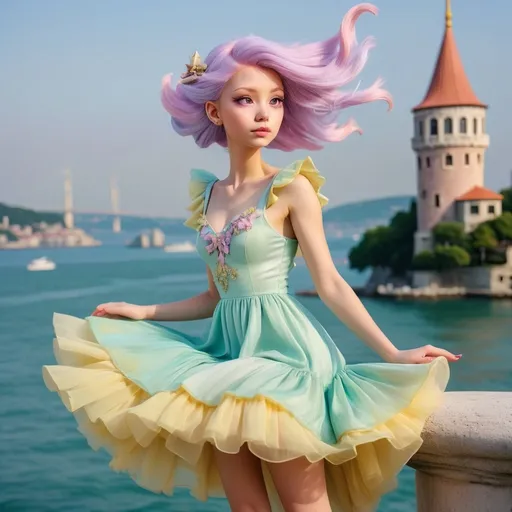 Prompt: Pastel waldorf fairy with pastel turquaz, pastel sugar lilac and pastel yellow dress with pastel sugar pink hair flying at bosphorus sea  seeing maiden's tower