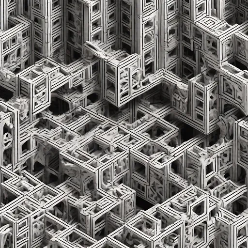 Prompt: Isometric, Repeating on all sides pattern of H&J, black and white, futuristic,Mc Escher style