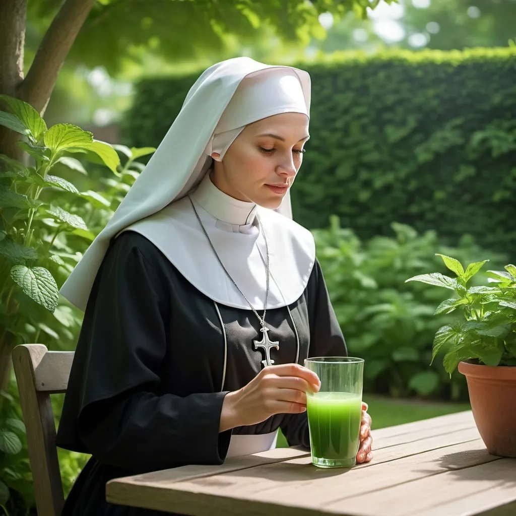 Prompt: À nun drinking minth juice