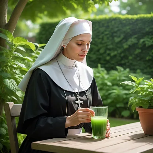 Prompt: À nun drinking minth juice