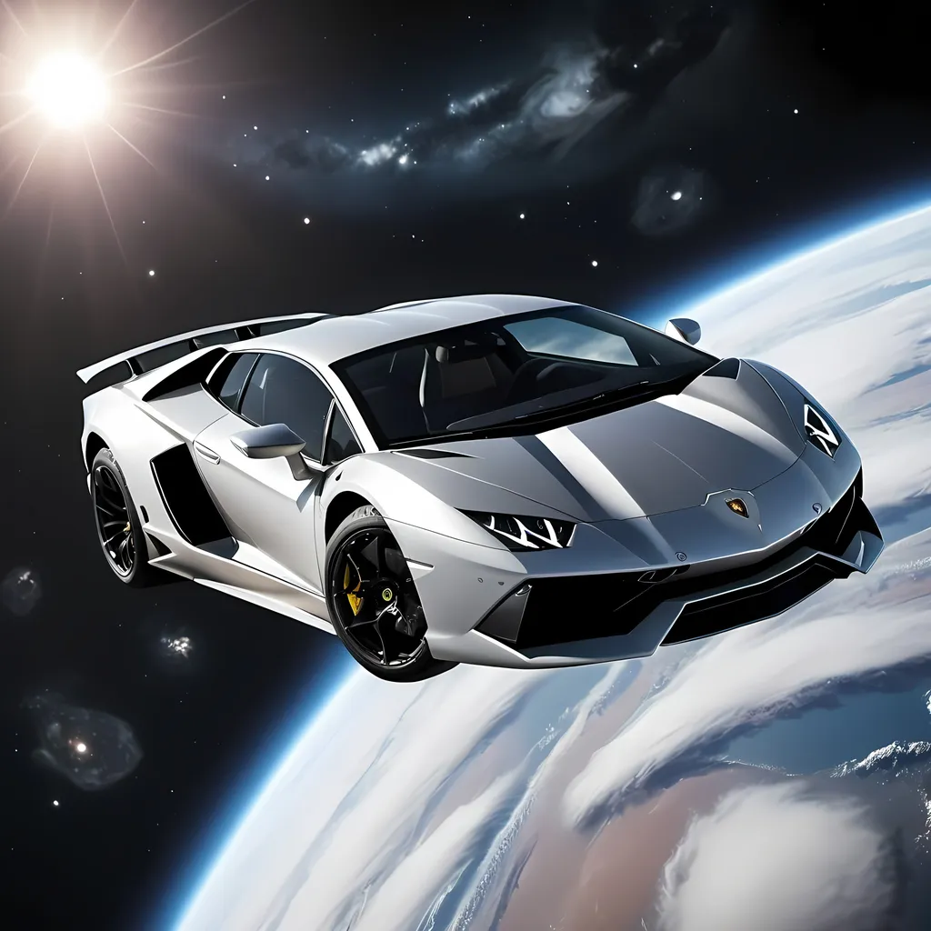 Prompt: High definition realistic photo of a flying lamborghini car in space.