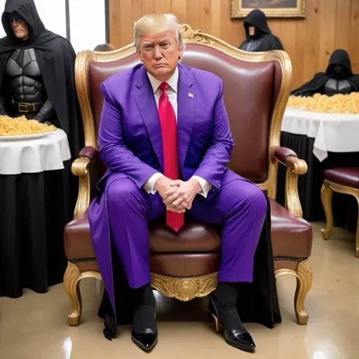 Prompt: President Trump wearing high heel shoes, purple pant suit, and a black cape, sitting on a Golden Corral