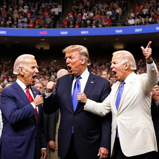 Prompt: Send me a picture of President Joe Biden and former president Donald Trump yelling at eachother,with the citizens behind them encouraging them.