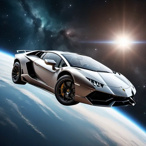 Prompt: High definition realistic photo of a flying lamborghini car in space.