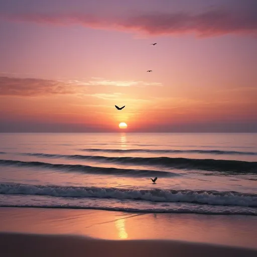 Prompt: Create a serene scene of a sunset over the ocean. The sky is a gradient of warm colors, transitioning from deep orange near the horizon to soft pink and purple higher up. The ocean reflects the vibrant colors of the sunset, with gentle waves rippling across the surface. In the distance, a single white dove bird is flying, silhouetted against the sky. The bird is far away, adding a sense of tranquility and vastness to the scene.