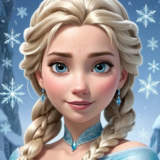 Prompt: Create an image of Princess Elsa from the movie 'Frozen'. Elsa should be wearing her iconic light blue dress with ice and snow details. She should be in an icy environment with snowflakes falling around her. Elsa's hair should be styled in her traditional blonde braid, and she should be showcasing her ice powers with her hands. Elsa's facial expression should be confident and serene, conveying her strength and beauty.