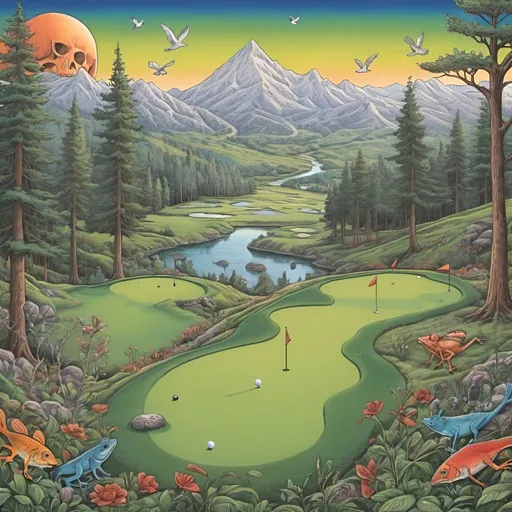 Prompt: A drawing in the grateful dead art aesthetic of secret golf course deep in the mountains with fish, frogs, deer, and birds