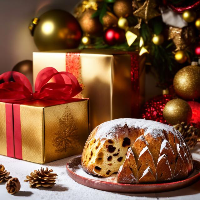 Prompt: a panettone and his packaging in a table decorated with Christmas decorations