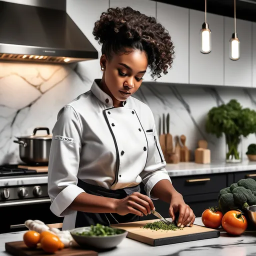 Prompt: "Create a realistic, high-end cover for a recipe journal aimed at a young Black audience. The scene is set in a luxurious modern kitchen with marble countertops, sleek stainless steel appliances, and ambient lighting. In the foreground, feature a stylish young Black female chef in trendy attire, confidently preparing a gourmet dish. The image should capture a sense of culinary excellence with rich, vibrant colors and subtle cultural accents that celebrate Black heritage. The overall composition should be sophisticated and inviting, enticing the viewer to pick up the journal."
