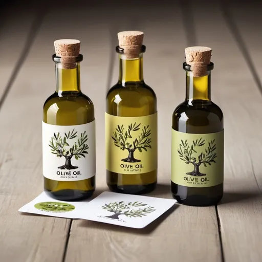 Prompt: Draw a set of three small bottle of olive oil.
The bottles should be round. They should have different taste: normal,lemon flavered and basilic flavered. The sticker should have a cool design with a bordo holding a olive tree branch