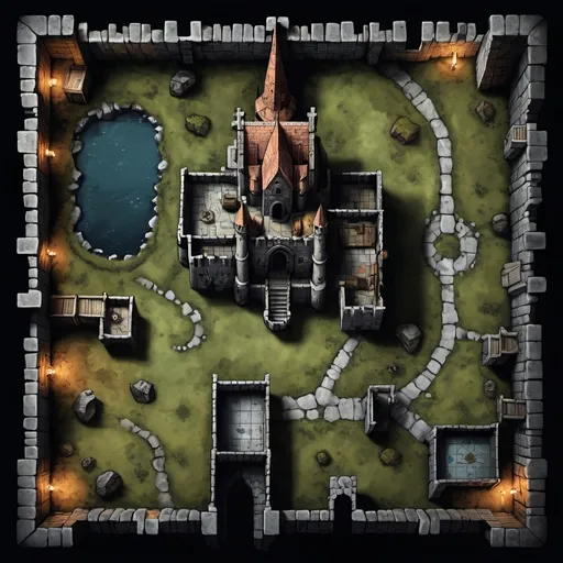 Prompt: A dimly lit castle top down map with a grud, usable for table top rpg. The castle should be moody and dark, crumbling with stained glass scattered about