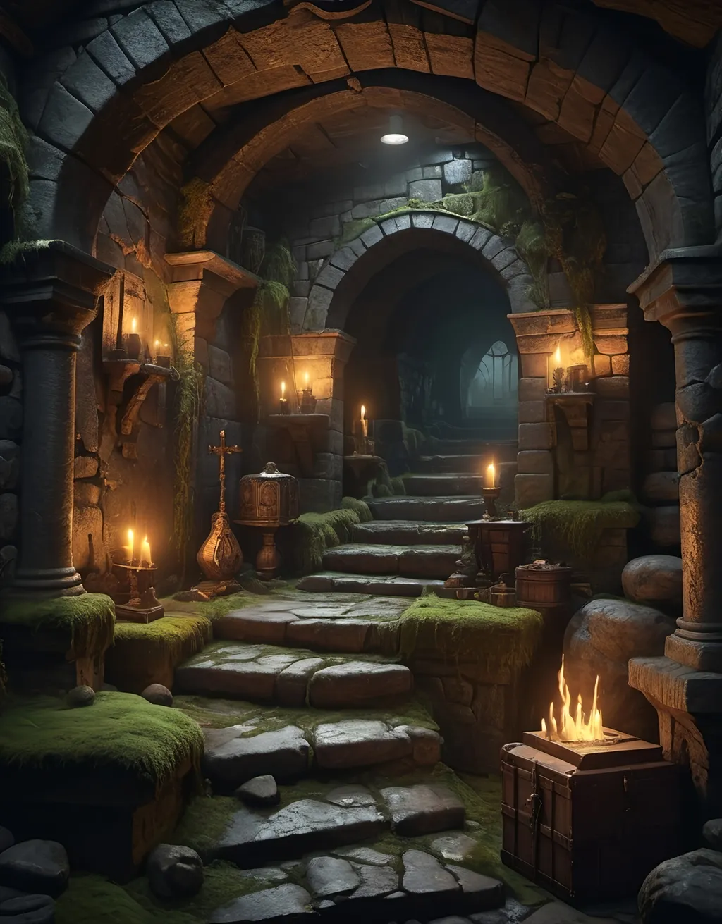 Prompt: Fantasy dungeon interior, (dark atmosphere), mysterious and eerie lighting, unexpected surprises hidden around corners, ancient stone walls covered in moss, flickering torches casting shadows, misty ambiance, treasure chests and magical artifacts, intriguing pathways leading off into darkness, elaborate details and textures, (4K resolution), highly detailed fantasy art masterpiece.