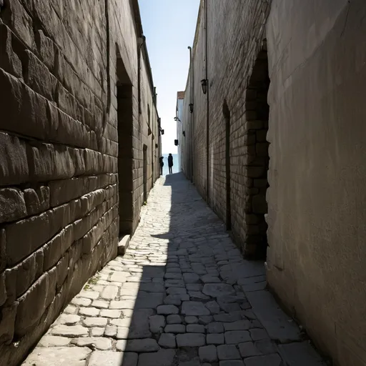 Prompt: old historic alley reached to sea with shadow of wall two lovers

