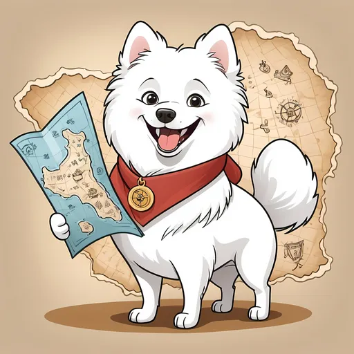Prompt: cartoon white japanese spitz dog happy and excited treasure hunter with treasure map
