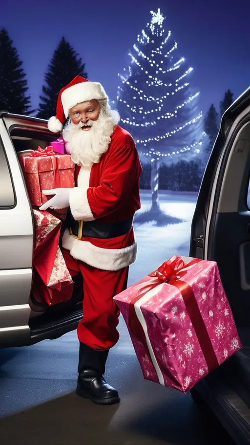 Prompt: Santa Claus, middle-aged Caucasian male, is seen inside a car, likely a van or SUV, loading presents. He is wearing a traditional red Santa suit, with a long white beard and matching white gloves.  He's carrying several wrapped gifts, appearing to be preparing for delivery. The gifts are various shades of red, pink, and purple, wrapped in decorative paper with various colorful ribbons.  A snowy winter landscape with a snowy backdrop and small, stylized Christmas houses is visible through the car window, with a reindeer seen in the mid-ground. Santa is positioned slightly to the left of center, leaning into the car , carrying packages.  The lighting is warm and festive, with a mixture of bright and soft colors.  The car's interior, in shades of dark purplish-blue, is highlighted by the presents and Santa's red suit.  The overall style is promotional and celebratory, likely for the holiday season.  A text overlay, "Прости, олень" (a Russian phrase), is visible,  possibly associated with the promotional aspect.  The perspective is from inside the vehicle, looking out.  Important details are the vehicle interior, which is a key part of the composition.