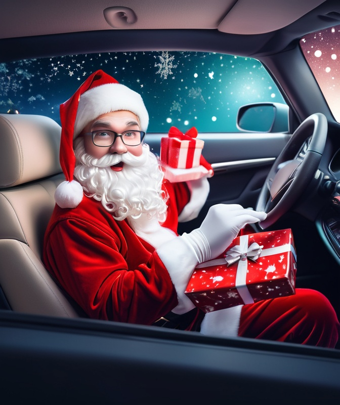 Prompt: santa drive car inside the car. with  gifts .background stars and christmas tree at niht