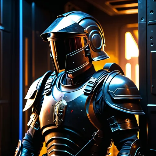 Prompt: A sci fi futuristic roman military male in black military armor galea helmet of roman armor, with a gunfire, opening door like Swat, Hyperrealistic, sharp focus, Professional, UHD, HDR, 8K, Render, electronic, nervous vibe, loud, tension, dark, Epic