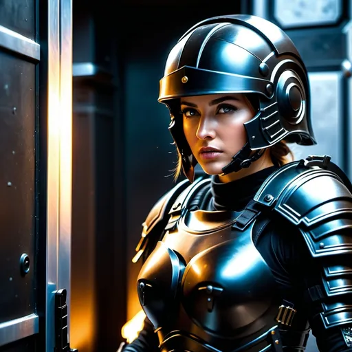 Prompt: A sci fi futuristic roman military female in black military armor galea helmet of roman armor, with a gunfire, opening door like Swat, Hyperrealistic, sharp focus, Professional, UHD, HDR, 8K, Render, electronic, nervous vibe, loud, tension, dark, Epic