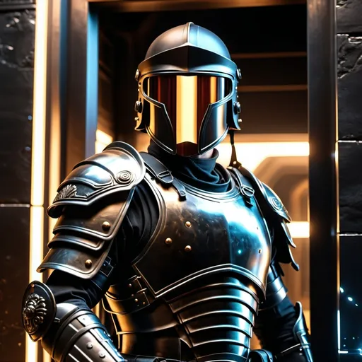 Prompt: A sci fi futuristic roman military male in black military armor galea helmet of roman armor, with a gunfire, opening door like Swat, Hyperrealistic, sharp focus, Professional, UHD, HDR, 8K, Render, electronic, nervous vibe, loud, tension, dark, Epic