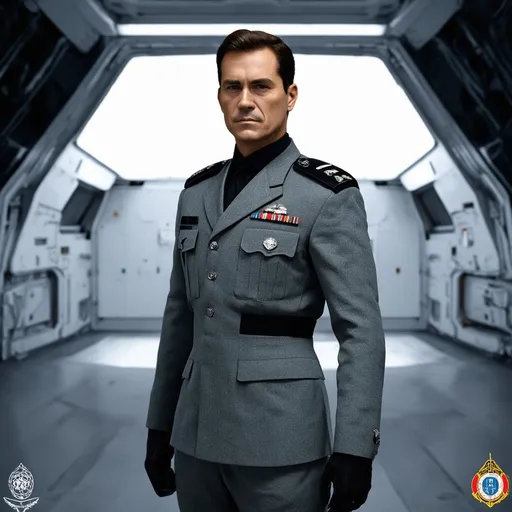 Prompt: General in a feldgrau uniform of a human federation ground forces, with black epaulettes in a Sci-Fi setting