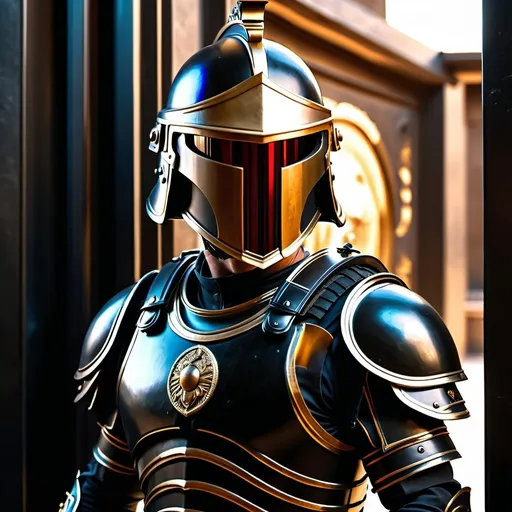 Prompt: A sci fi futuristic roman military male in black military armor galea helmet of roman armor, with a gunfire, opening door like Swat, Hyperrealistic, sharp focus, Professional, UHD, HDR, 8K, Render, electronic, nervous vibe, loud, tension, dark, Epic