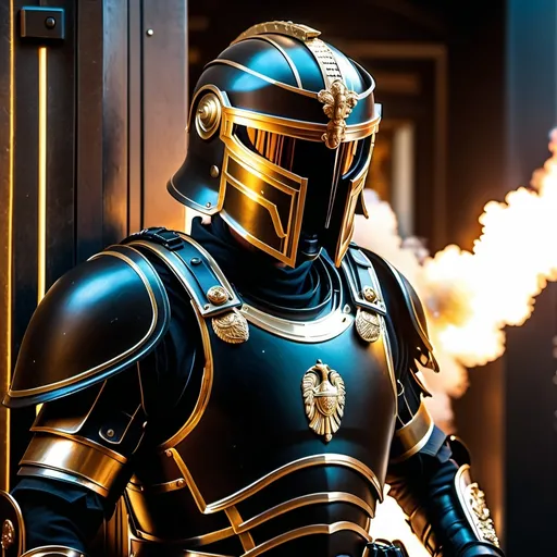 Prompt: A sci fi futuristic roman military male in black military armor galea helmet of roman armor, with a gunfire, opening door like Swat, Hyperrealistic, sharp focus, Professional, UHD, HDR, 8K, Render, electronic, nervous vibe, loud, tension, dark, Epic