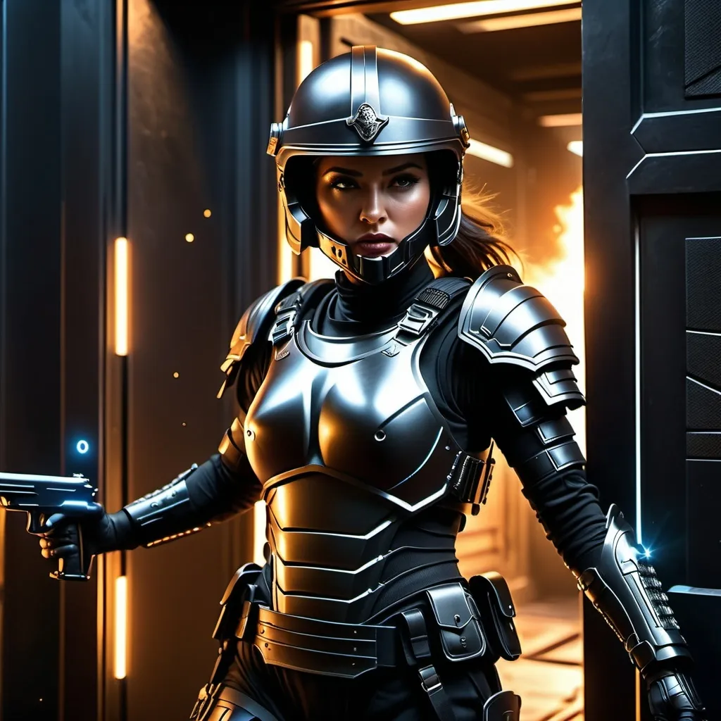 Prompt: A sci fi futuristic roman military female in black military armor galea helmet of roman armor, with a gunfire, opening door like Swat, Hyperrealistic, sharp focus, Professional, UHD, HDR, 8K, Render, electronic, nervous vibe, loud, tension, dark, Epic