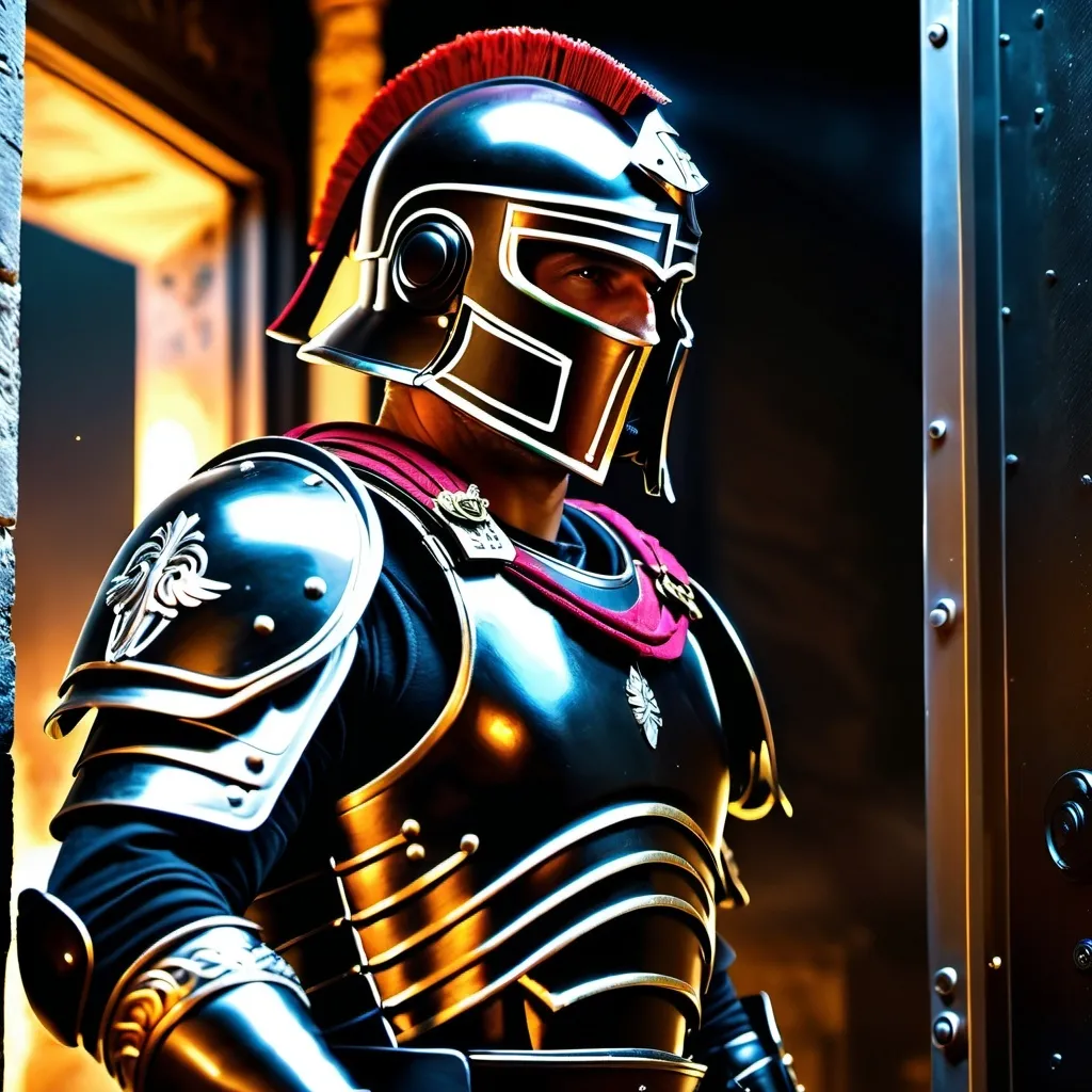 Prompt: A sci fi futuristic roman military male in black military armor galea helmet of roman armor, with a gunfire, opening door like Swat, Hyperrealistic, sharp focus, Professional, UHD, HDR, 8K, Render, electronic, nervous vibe, loud, tension, dark, Epic